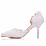 7.5 Cm White Lace Wedding Shoes Fine Heel Pointed Sandals Hollow Two-Siped Sandals Large Size Lace HZ0115