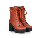 Sales Autumn And Winter Short Boots Pu Korean Version Of The Round Head Waterproof Table High Coarse Tying Buckle Lady Large Size Short Boots HZ0115