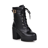 Sales Autumn And Winter Short Boots Pu Korean Version Of The Round Head Waterproof Table High Coarse Tying Buckle Lady Large Size Short Boots HZ0115