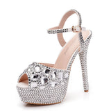 14Cm Fish Mouth High-Heeled Sandals Fine Heel Water Diamond Wedding Shoes Bride Shoes Color Diamond Crystal Sandals Full Of Diamond Shoes HZ0115