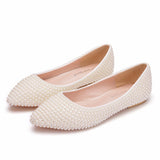 White Flat-Soled Bridesmaids Wedding Shoes To Take Pictures Of Women's Singles Handmade Pearls Pregnant Women's Shoes HZ0115