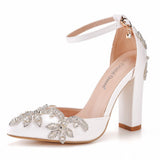 7 Cm Coarse Heel Pointed Shoes Hollow Shoes Square Sandals Water Drill Wedding Shoes Female White Wedding Shoes Diamond HZ0115