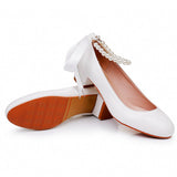 Large-Size 3 Cm Square-Head Single Shoe With A Single Shoe Buckle Mary Jane White Shoes Beads Ribbon Wedding Shoes HZ0115