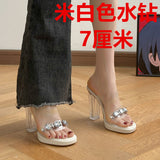High-Heeled Women Wear 2025 Summer New French Thick Heel Water Drill Transparent Crystal Sandals Women Slippers Women Shoes HZ0115