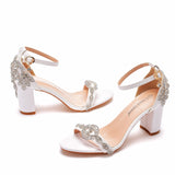7 Cm Thick Heel With Sandals Coarse Square Sandals White Water Drill Bride Wedding Sandals Women Large Size HZ0115