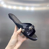 OMG! Good Look! Retro Black Rivet Buckle High Heel Women Casual And One-Word Slippers HZ0115