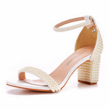 7 Cm Thick Heeled Shallow Word With Sandals Round Head Square Thick Heel Sandals White Pearl Sandals Wedding Shoes HZ0115