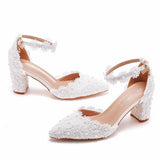7 Cm White Lace Tip Hollow Women's Shoes Lace Wedding Dress Shoes Spring Coarse Square Root Tips Sandals HZ0115