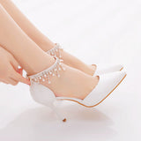 Thai Suzu Beads Large-Size High-Heeled Sandals Fine-Heeled Sandals White Pointed Shoes Female Wedding Wedding Bridal Sandals HZ0115