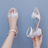 5 Cm Square Sandals Shallow Mouth With Coarse Sandals Horseshoes And White Lace Flowers Bride Wedding Shoes HZ0115
