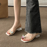 Sandals Women Transparent High Heels 2025 Summer New Square Head Coarse Heel Wearing Bows Toe Crystal And Cool Slippers HZ0115