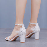 7 Cm Thick Heel Shallow Mouth With Sandals Round Head Fish Mouth Flowers Nails High Heel Sandals White Wedding Shoes HZ0115