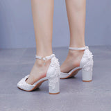 7 Cm Fish Mouth High-Heeled Sandals Shallow Mouth Lace Flower Large Size Sandals Bride Wedding Silk Satin Cloth Coarse Sandals Woman HZ0115