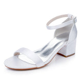 5 Cm Square Heel Sandals Shallow Mouth With Buckle Sandals Ivory White Silk Satin Cloth Bride White Sandals Woman HZ0115