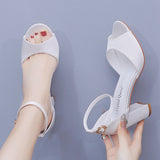 7 Cm Fish Mouth High-Heeled Sandals Shallow Mouth Buckle With Large-Size Round-Head High Heel Bridal Wedding Silk Satin Cloth Coarse Sandals HZ0115