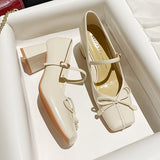 Temperament Rice White Bow Square Head Soft Leather Mary Jane Shoes 2025 Autumn And Winter New Word With Coarse Heel Single Shoes HZ0115
