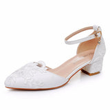 7 Cm Square Thick Heel Sharp In The Hollow Sandals Spring Square Side Light Female Shoes White Lace Net Bride High Heels HZ0115