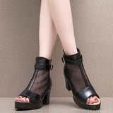 Fish Mouth Net Sandals Women Summer High Heel Waterproof Table Zipper Mesh Shoes Fashion Women's Hollow Breathable Cool Boots HZ0115