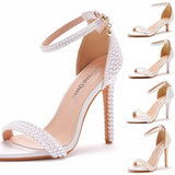High Heel Sandals White Buckle Shoes Fine Heel Fish Mouth Roman Sandals White Pearl Sandals HZ0115