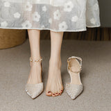 Small Heel Head Sandals Women's Fine Heel French 5- Cm Water Drill Metal Chain One-Character Buckle High Heels HZ0115