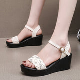 Slope Heel Thick-Soled Sandals Women Summer With A Word With Water Drill Weaving Mother Sandals Soft-Soled Pine Cake Beach Shoes HZ0115