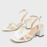Ladies Head Three-Dimensional Flowers Solid Color Coarse Sandals Women's Shoes Gorgeous Fashion White High Heels HZ0115