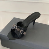 OMG! Good Look! Retro Black Rivet Buckle High Heel Women Casual And One-Word Slippers HZ0115