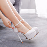 14 Cm Waterproof Table High Heels Fine Round Head High Heel Sandals White High Heel Wedding Shoes Large Women's Shoes HZ0115