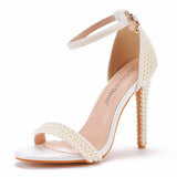 High Heel Sandals White Buckle Shoes Fine Heel Fish Mouth Roman Sandals White Pearl Sandals HZ0115
