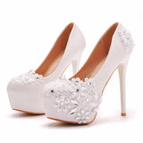 14 Cm White Lace High Heels Wedding Shoes Water Drill Pearl Banquet Shoes Large Size Thin Heel Waterproof Table Single Shoes HZ0115