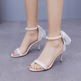 7 Cm White Beads With Sandals Fine Heel Fish Mouth Open Toe High-Heeled Sandals Women Shallow Word With Female Shoes HZ0115