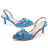 6 Cm Light-Mouthed Pointed Sandals Discolored Cloth Thin Heel Large Banquet Sandals Women 42 Yards 43 Yards High Heel Sandals HZ0115