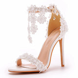 Tuxedo Sandals White Buckle Shoes Fine Heel Roman Sandals White Lace Heel Sandals HZ0115