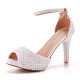 Large-Size Fish Mouth High-Heeled Sandals Waterproof Table Sandals Fine Heel Pearl Beads Wedding Shoes Wedding Heels HZ0115