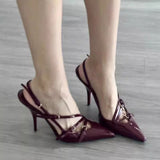 Painted Wine Red Sexy Pure Lustful Breeze Tip Heightening Leg Long Sandals New French Hepburn Elegant Temperament HZ0115