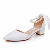 4 Cm Low Heel Tip Hollow Sandals Coarse Heel Beaded Women's Shoes White Mute PU Wedding Banquet Bridal Shoes HZ0115