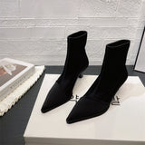Tide-Brand Silk Satin Sleeve Tip-Headed Short Boots Women 2025 Autumn And Winter New Fine And Elastic Boots Short-Shot Thin Boots HZ0115