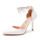 Thai Suzu Beads Large-Size High-Heeled Sandals Fine-Heeled Sandals White Pointed Shoes Female Wedding Wedding Bridal Sandals HZ0115