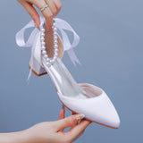 4 Cm Low Heel Tip Hollow Sandals Coarse Heel Beaded Women's Shoes White Mute PU Wedding Banquet Bridal Shoes HZ0115