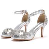 7 Cm Satin Cloth Bridal Fish Mouth High Heel Sandals Shallow Word Size Diamond Wedding Round Head Fine Sandals HZ0115