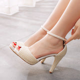 Large-Size Fish Mouth High-Heeled Sandals Waterproof Table Sandals Fine Heel Pearl Beads Wedding Shoes Wedding Heels HZ0115