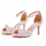 7 Cm Pearl Fish Mouth High Heel Sandals Shallow Buckle With Large-Size Round-Head High Heel White Ribbon Wedding Shoes HZ0115