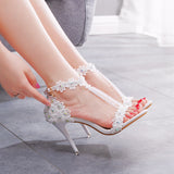 9 Cm High-Heeled Sandalbum Bridesmaid Wedding Buckle Lace Beads And Fish Mouth Roman Sandals HZ0115