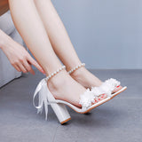 9 Cm White Flowers Thick Heel Sandals Shallow Word With Square Fish Mouth Sandals White Beads Drifted Sandals HZ0115
