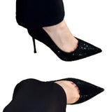 Black Red-Soled High Heels Women's Fine Heel 2025 Autumn/Winter Autumn And Winter New Sequin Crystal Wedding Shoes At The Tip Of Professional Sexy Single Shoes HZ0115