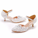 5 Cm Hollow Sharp Head Sandals In Low-Heeled Mary Jane Sandals White Lace Beaded Wedding Shoes Bridal Wedding Shoes HZ0115