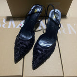 ZAJ2025 Autumn New Stumbling Temperament Fine Heel Shoes Tip Embroidery Bead Mesh Sandals HZ0115