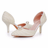 7 Cm Pointed High-Heeled Sandals Pearl Dinner Ball Beaded Sandals Bride Wedding Wedding Shoot White Wedding Shoes Female HZ0115