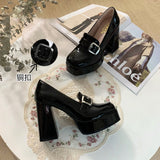 Lefu Shoes Women's New 2025 Black British Wind Small Leather Shoes High Heel Patent Leather Waterproof Table Coarse Square Head Single Shoes HZ0115