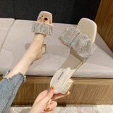 High-Heeled Temperament Famous Woman Summer Slippers French Small Heel Low Heel 3 Cm Black Water Drill Fashion Wearing Sandals HZ0115